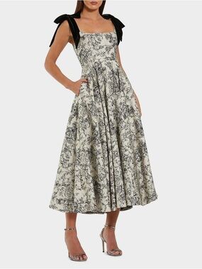 Mac Duggal Cream and Black Floral Tea-Length Dress with Bow Shoulder Straps